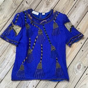 Laurence Kazar Vintage Royal Blue Beaded 100% Silk Evening Blouse Size M